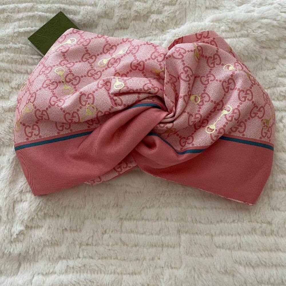 Gucci GG Print With Horsebit Silk Headband 'Pink/Sky Blue' - Picture 2 of 4